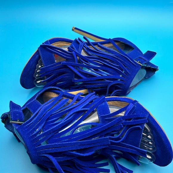 Steve Madden Bakirr Women Ankle Strap Fringe Cobalt Suede Sandals Size 7 EUC - Picture 7 of 13